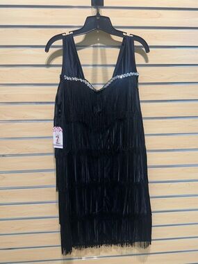 Black Fringe Mini Dress with Sequin Trim